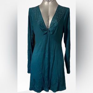 CUPIO blue turquoise Tunic Top deep V neck with bling Sz XL
